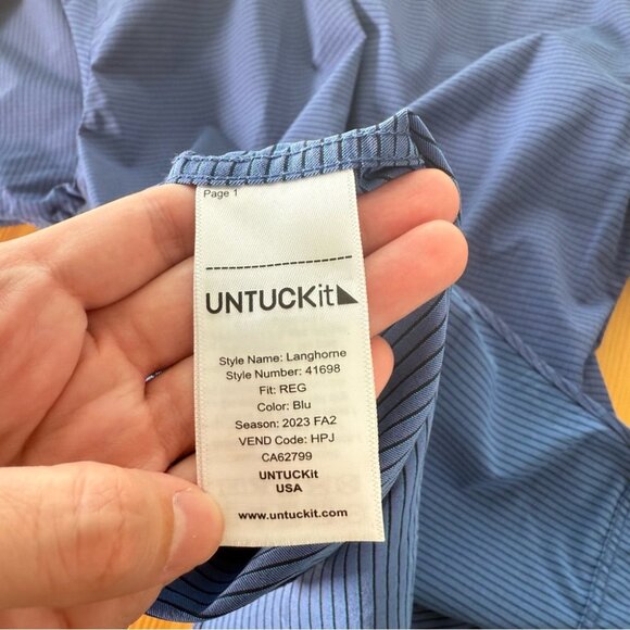 Untuckit Langhome Blue Windowpane Plaid Button Up Shirt Stretchy Regular Fit M - Picture 7 of 10